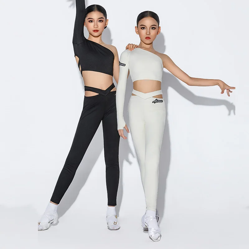 

2025 New Latin Dance Performance Outfits For Girls Slanted Shoulder Single Sleeved Latin Pants Suit Kids Latin Costumes DQS21275