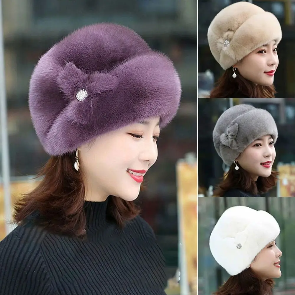 Solid Color Faux Rabbit Fur Winter Hat Thickened Flower Decor Middle-aged Cap Keep Warm Thermal Hat Women