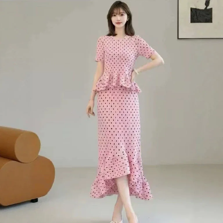 Miyake Polka Dot Temperament Short-sleeved Suit Women's Summer Waist Skirt Two-piece Set Age-reducing High-end Women's Clothing