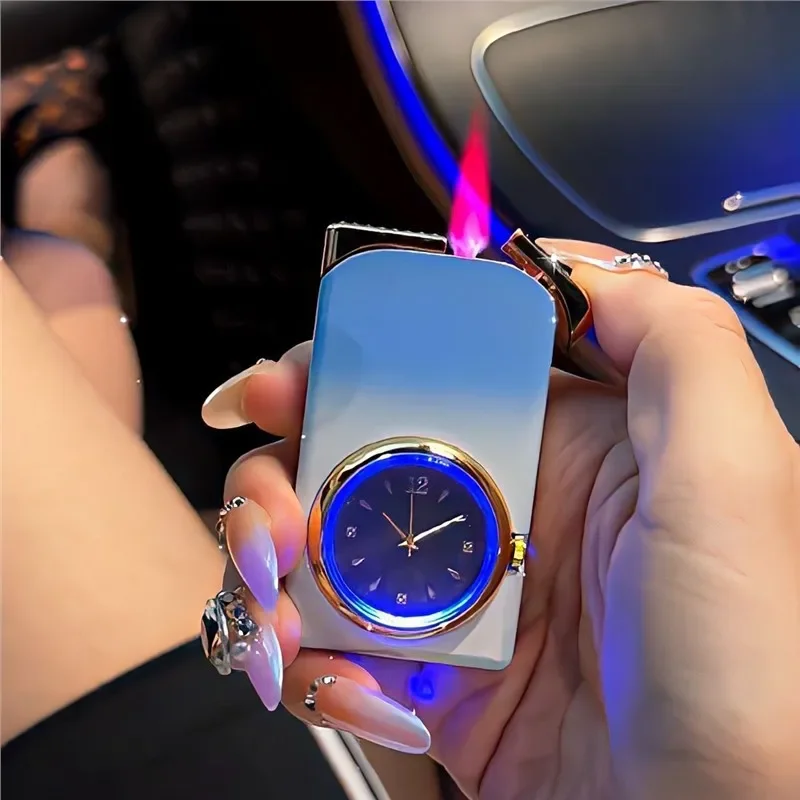 Personalized Double Flame Watch Inflatable Lighter Three-in-one Dial Gradient Butane Gas Lighter Unique Gift for Girls