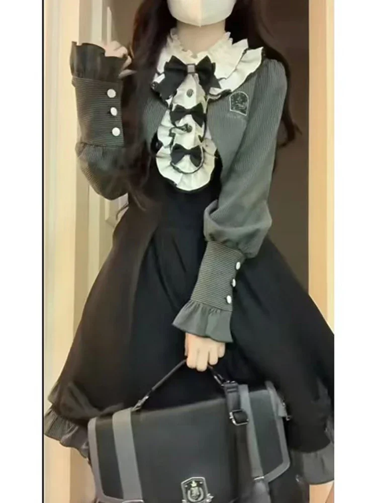 Schattige Lieve Lolita Prinsessenjurk Splitsen Ruches Kraag Strik Hoge Taille Slanke Jurk Lange Mouw Vest Tweedelige Set Voor Dames