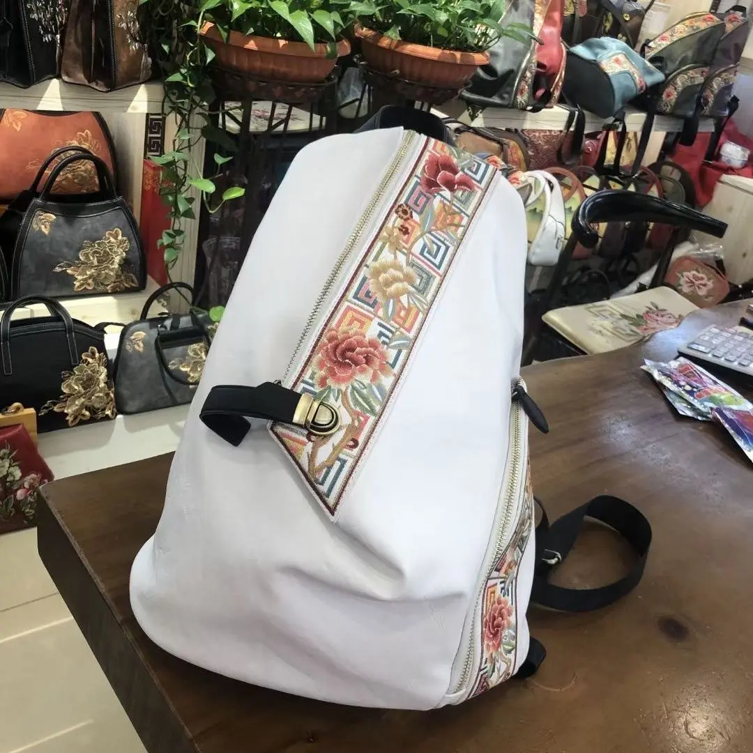 Chinese tradition Chic leisure travel embroidery leather backpack flower ethnic bag schoolbag travelling bag Hiking bag