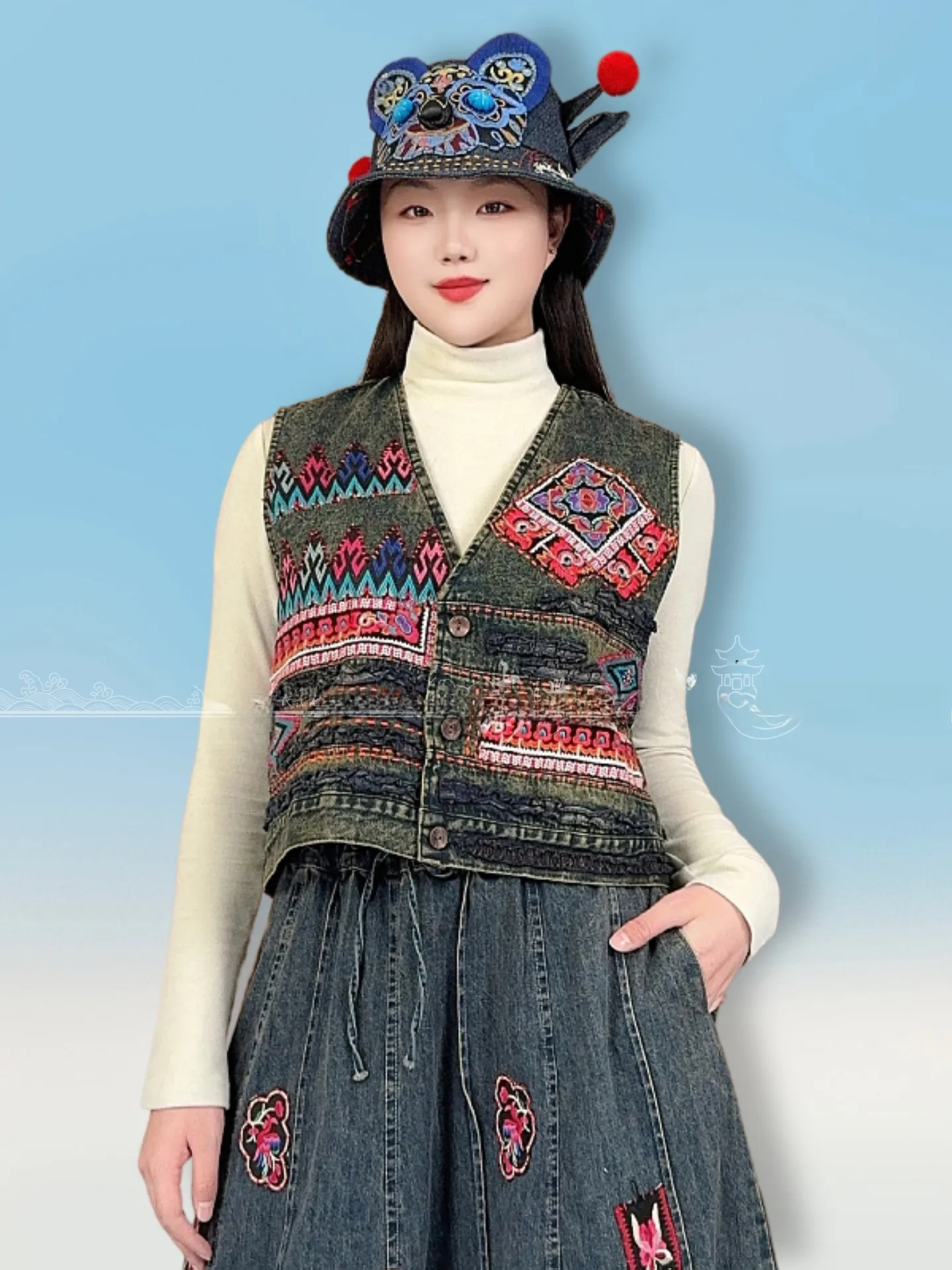 

Retro Ethnic Sle Embroidered Patchwork Denim Vest Women's V-Ne Svel Heavy Embroidery Color Blo Vest Jaet