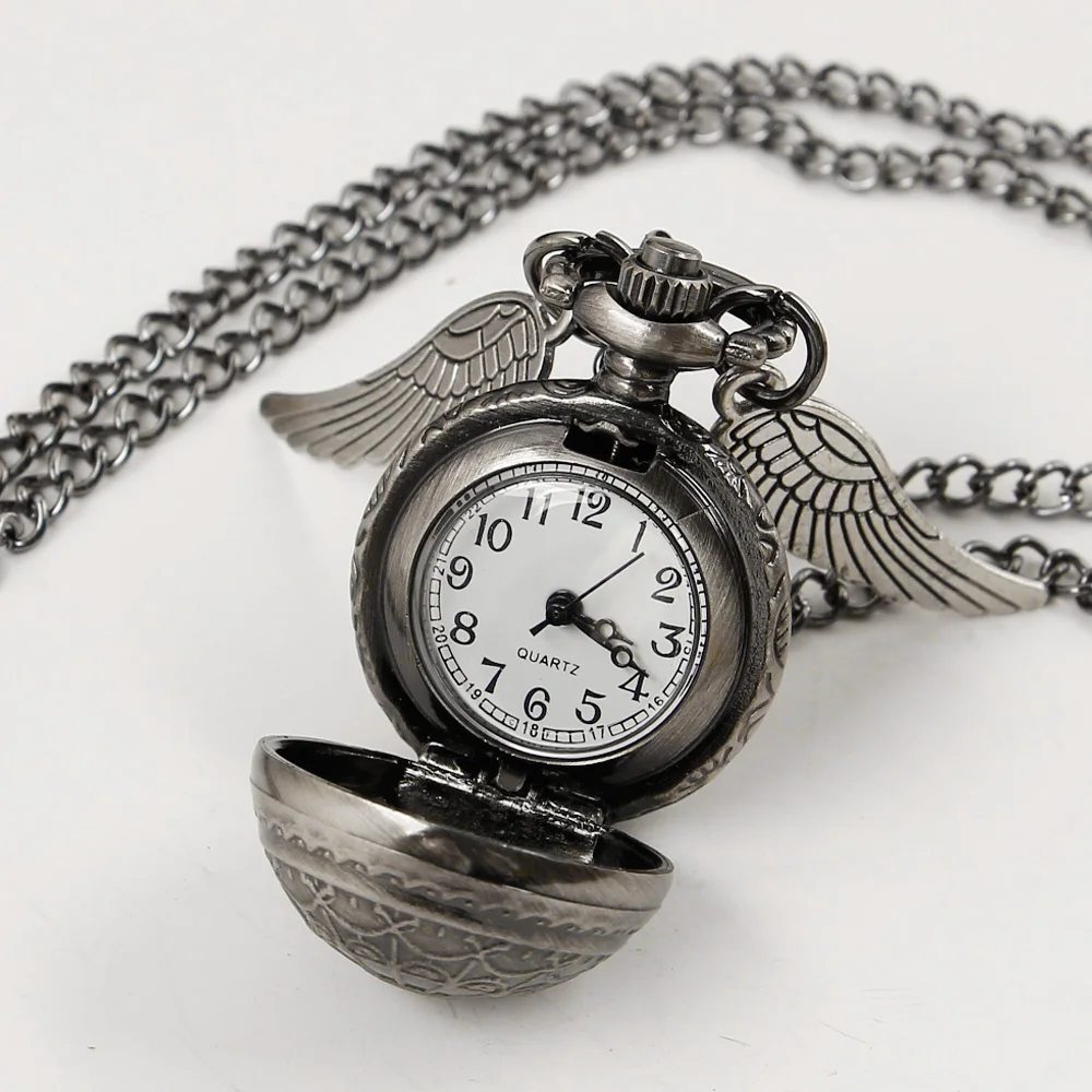 Grey/Bronze Cute Quartz Children's Pocket Watch Small Ball Wing Pendant Sweater Chain Clock reloj hombre