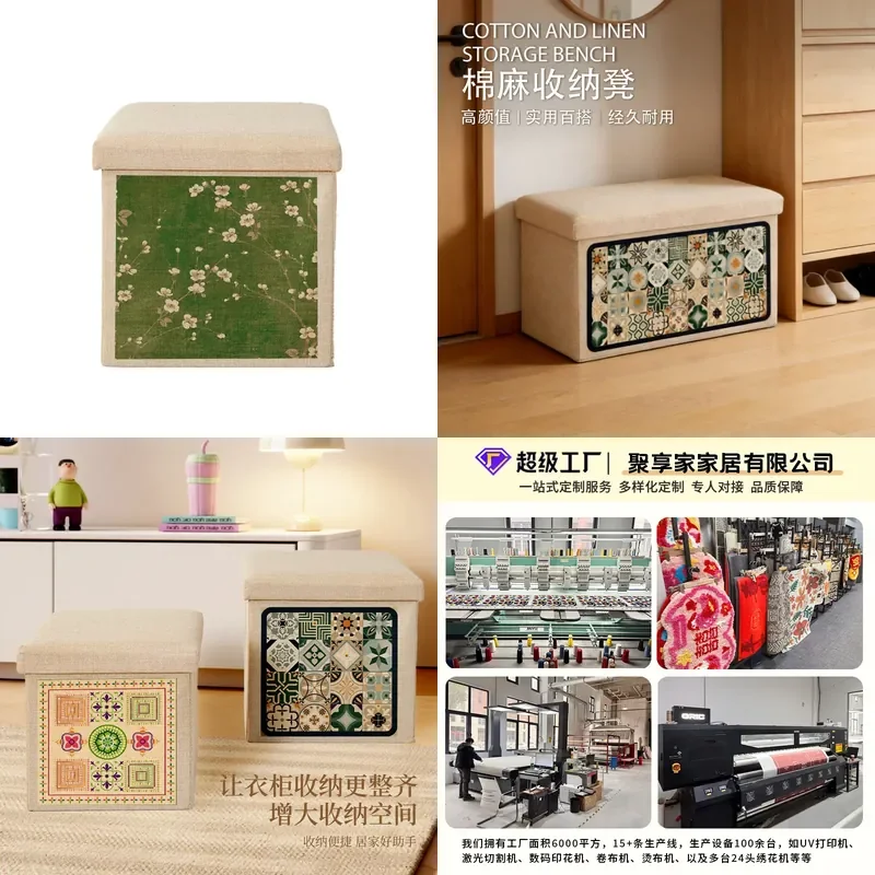 Foldable Cotton Linen Storage Ottoman Box Removable Multi Functional Seat Bench for Home Living Room Bedroom Organization