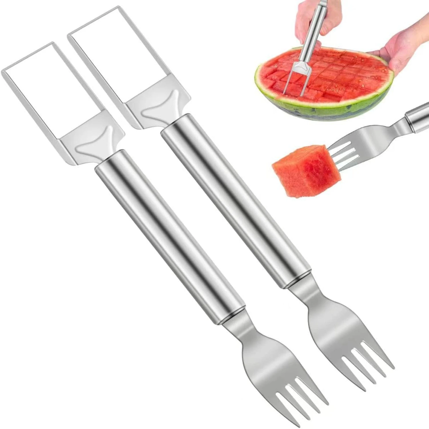 2 PACK 2-in-1 Watermelon  and Fork, 9.5 Inch Stainless Steel Fruit  Slicer Tool