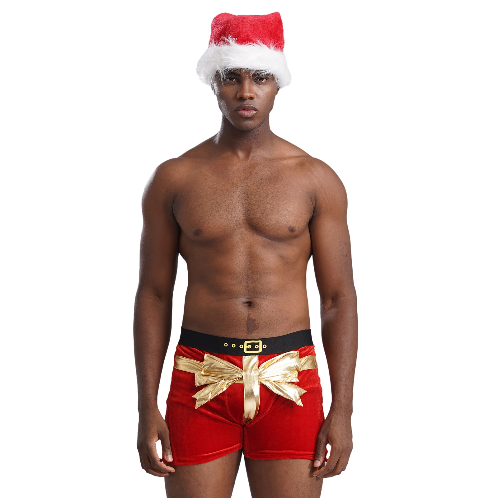 

Men Christmas Costume Sexy Lingerie Set Elastic Waistband Santa Claus Boxer Briefs Shorts with Hat Carnival Xmas Party Clubwear