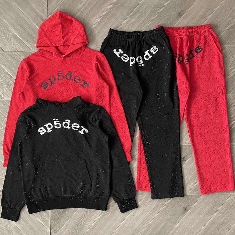 

Комплект: худи с пауком и длинные брюки со стразами, молодежный повседневный спортивный костюм из хлопка с длинными рукавами, весенняя мода для молодых мужчин