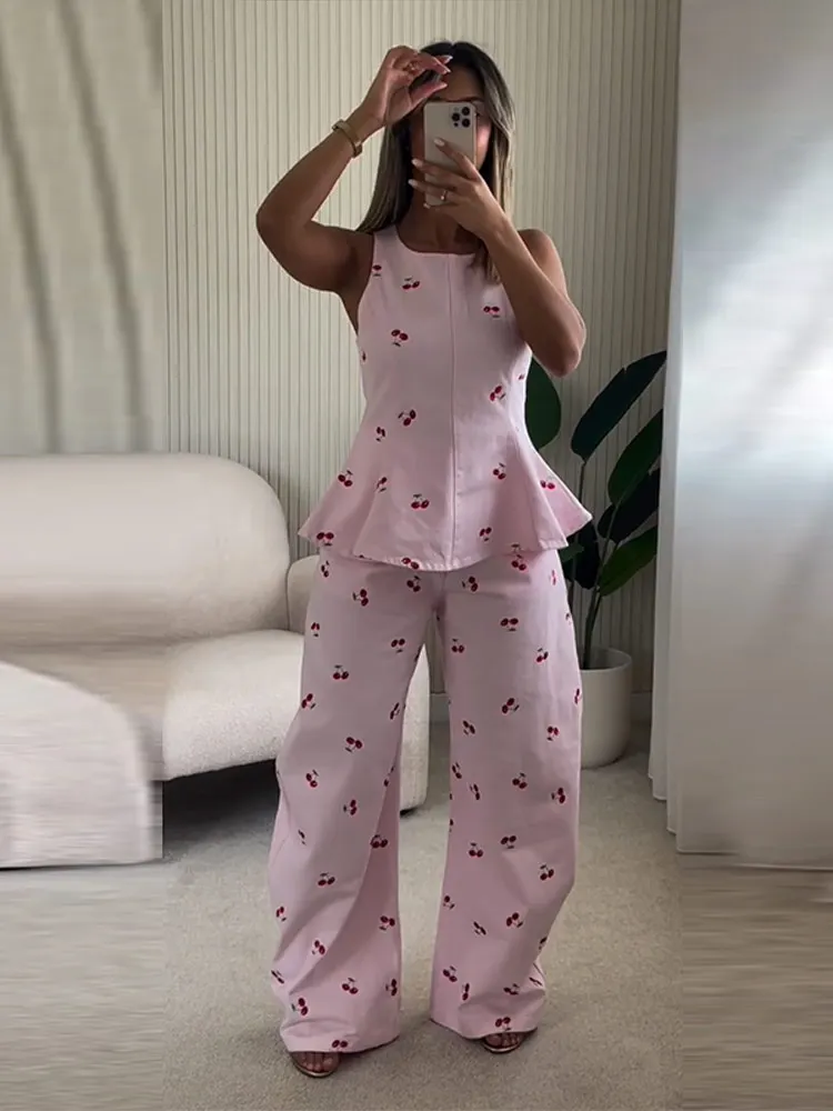 Damen-Hosenanzug 2-teilig Bedruckt O-Ausschnitt Ärmellos Rüschen Slim-Fit Oberteil mit Gebogenen Hosenbeinen Schicke Büro-Damen-Outfits Neu – Detail 21