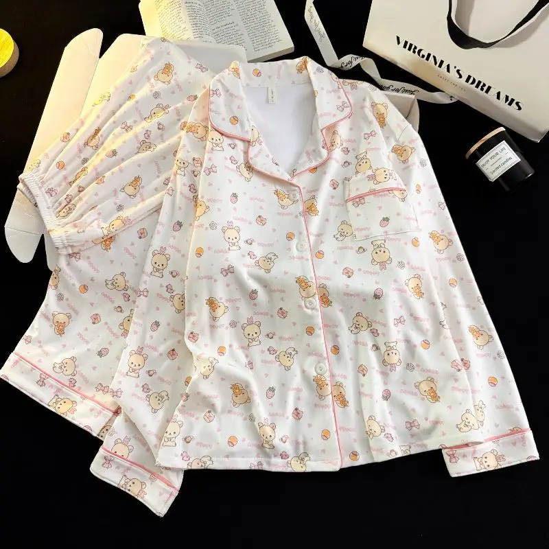 Women Thickened Pajamas Set Kawaii Rilakkuma Anime Cartoon Girls Autumn Winter Sweet Warm Cardigan Flannel Homewear Tops Pants