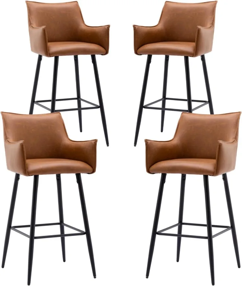 

30" Brown Bar Stools Set of 4, PU Leather Upholstered Kitchen Island Bar Stools with Comfy Back Modern High Dining Chairs with M