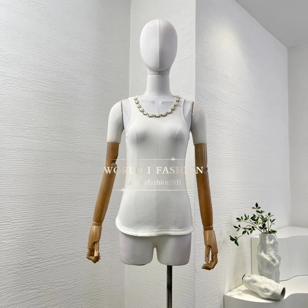 

2025 Новая мода черный жилет без рукавов с бриллиантами и U-образным вырезом топы