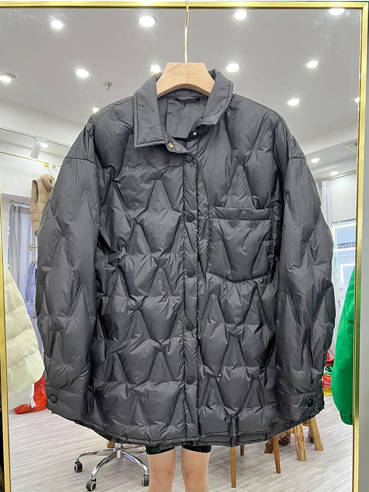 Piumino invernale leggero con risvolto allentato Parka solido monopetto femminile Capispalla da donna Piumino caldo in piuma d'anatra bianca