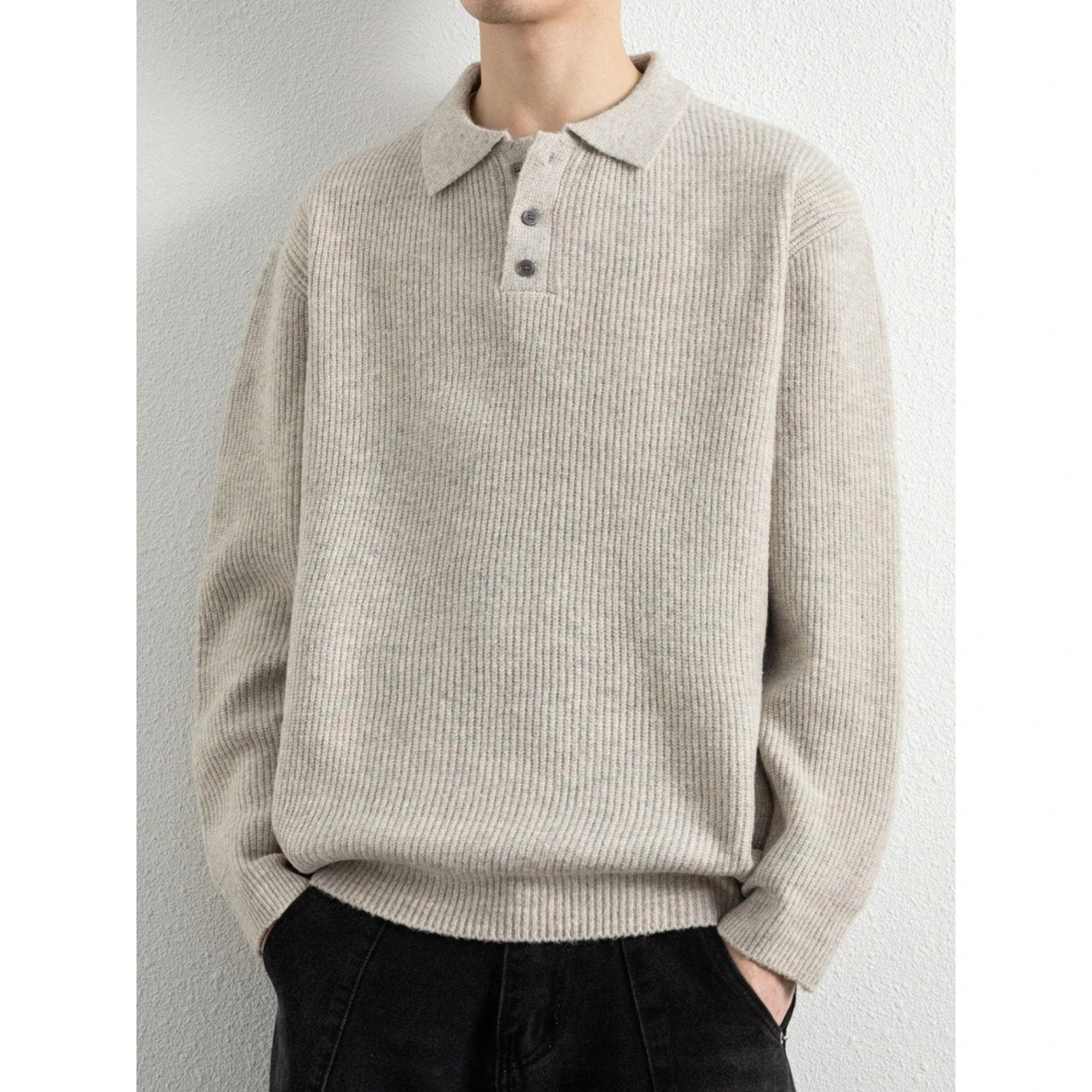 

Autumn Winter Warm Collared Sweater Men Loose Casual Gentleman Color Knitted irt Busin Iron Free Long Sve Base ...