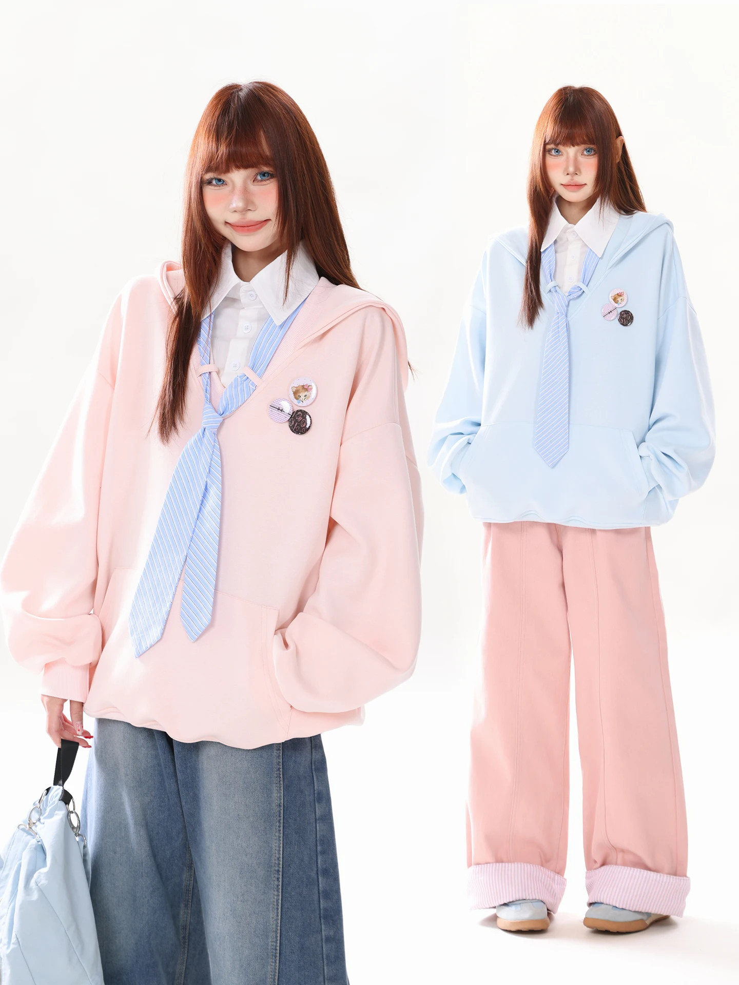 

Korean Sle irt Design Loose Hoodie Women Spring New Casual Long Sve Overhead Top Fake Two-Piece with Scarf Collar