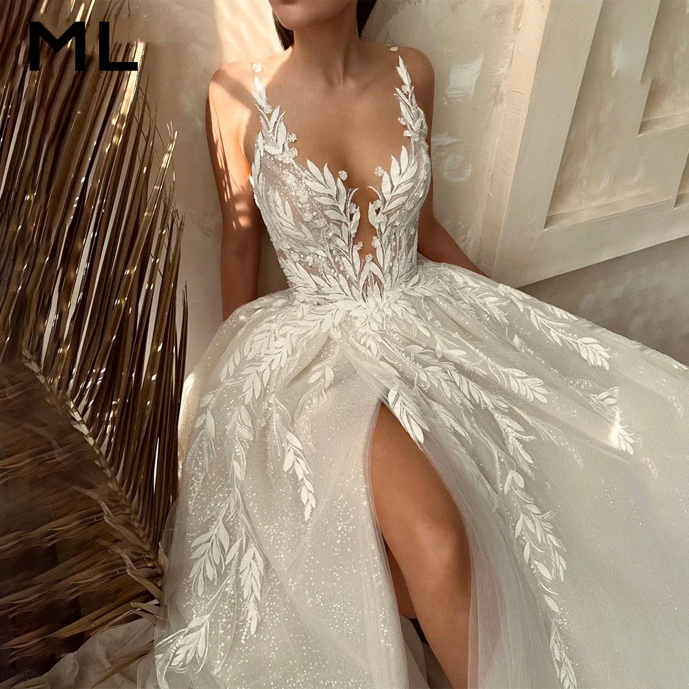 

ML Luxurious A Line Women's Shiny Lace Appliques Wedding Dresses Vestido De Novia Side Slit Bride Gowns Customized Robe De Marié