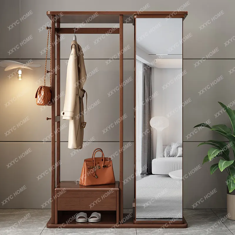 Medieval solid wood hanger floor hanger rotating full-length mirror rack integrated household bedroom clothes hanger