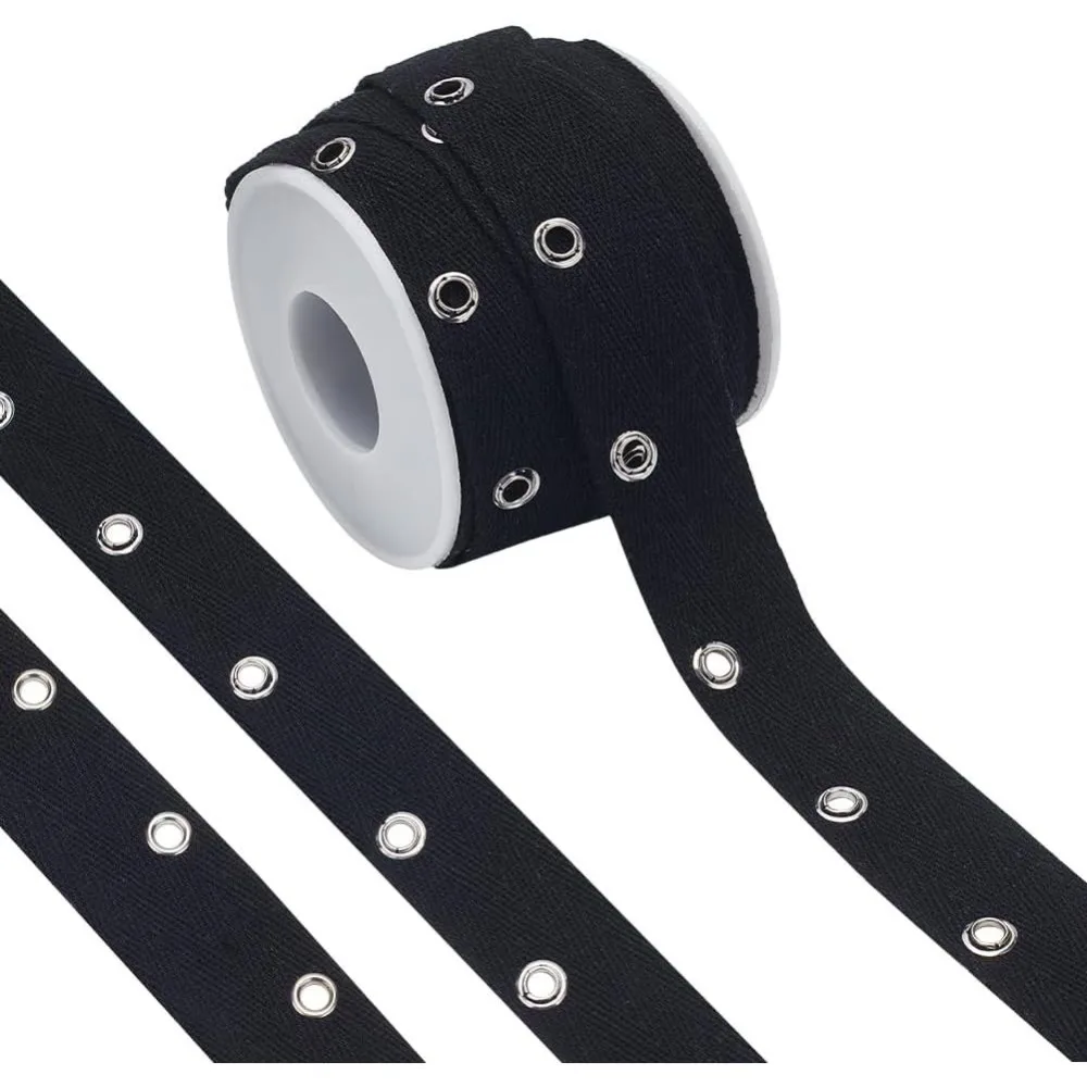 8 Yards Black Cotton Grommet Eyelet Twill Tape 1 inch Wide Metal Eyelet Ring Ribbon Strip for Sewing Crafts Making Hole: 4mm