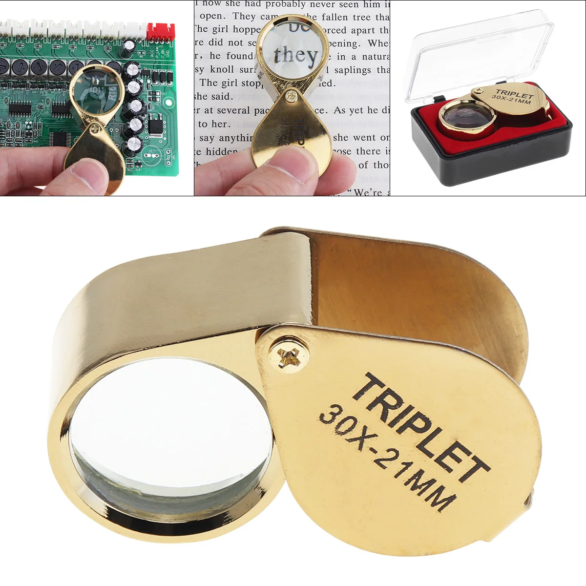 30X 21mm Portable Metal Golden Triplet Eye Optical Glass Magnifier Power Loupe for Reading and Inspection