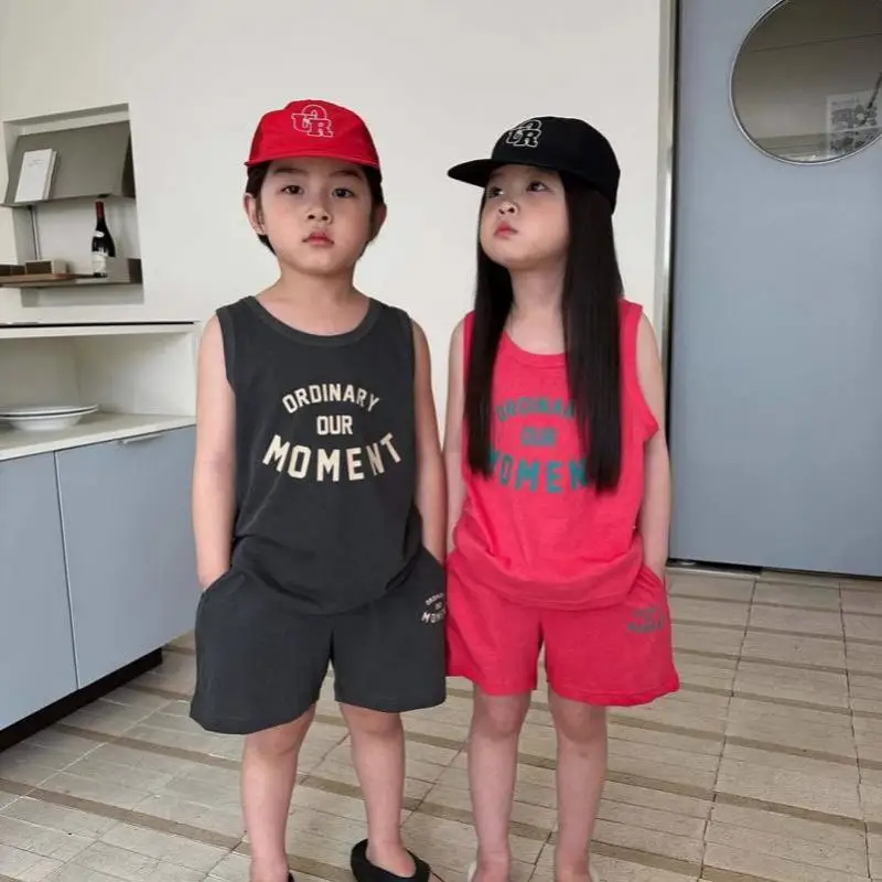 

2025 Summer New Children Sleeveless Clothes Set Boys Girls Letter Print Vest T Shirts + Shorts 2pcs Suit Kids Casual Outfits