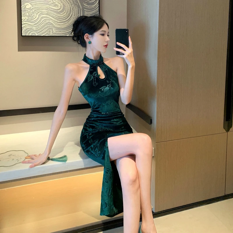 فستان حفلات مثير على الطراز الصيني بدون أكمام باللون الأخضر الزمردي غمد بفتحة عالية فستان Pleuche عتيق ميدي Bodycon Vestidos #4