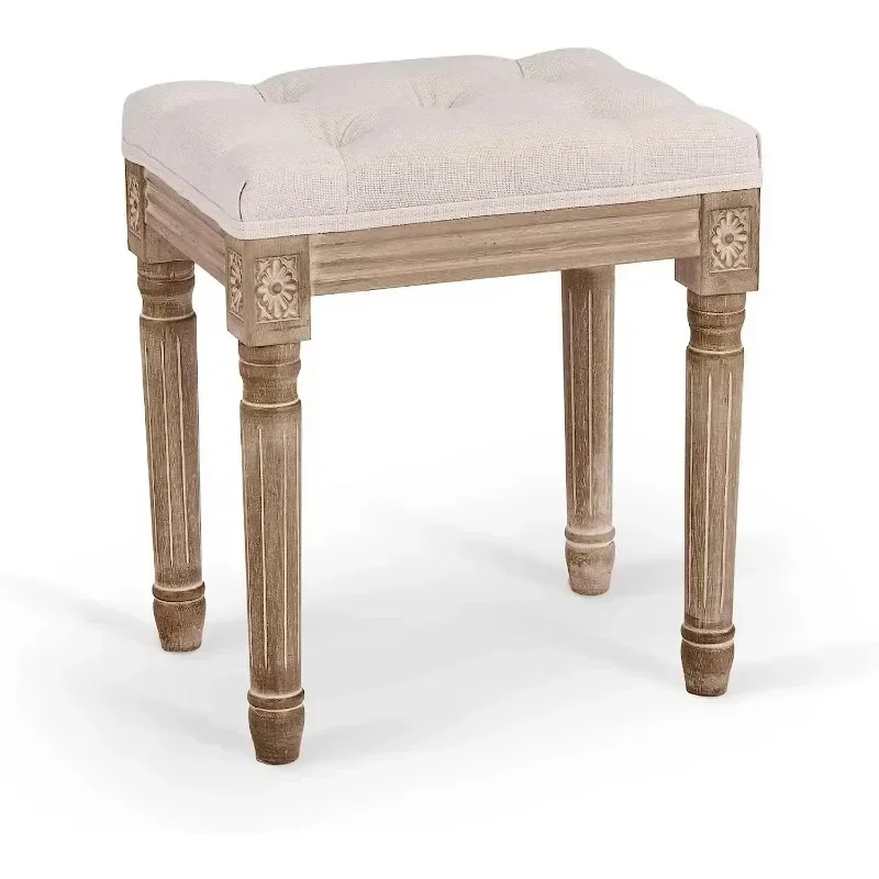 

French Vintage Upholstered Ottoman with Rustic Wood Legs Vanity Stool Piano Stool