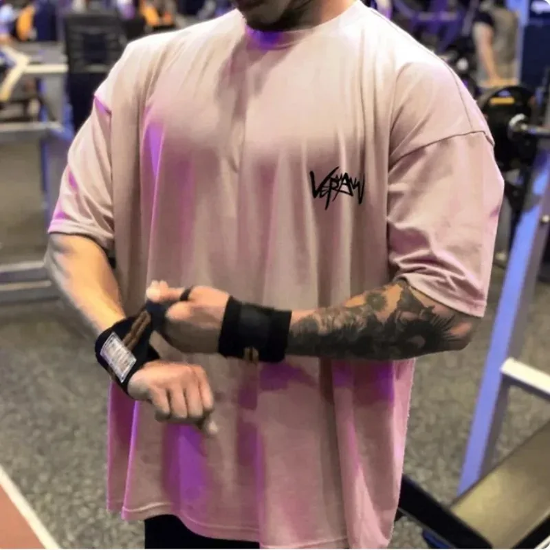 NEW Round Collar sports T Shirt Oversize Cotton Summer Tee Training running shirt Man Streetwear Half Sleeve men T-shirt image 4