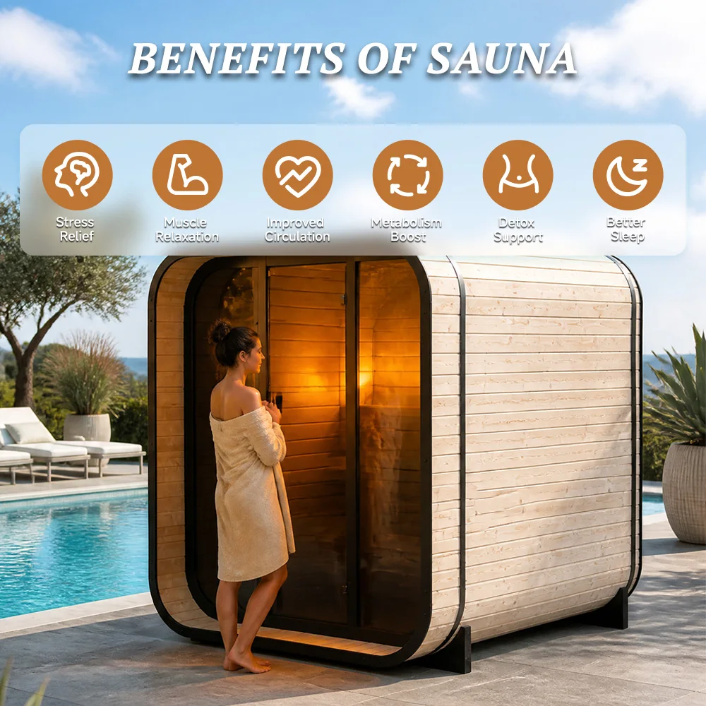 Timber Wellness Cube Sauna With Frost Resistant Construction Radiant Heat Interior For Private Hot Tub Poolside Area