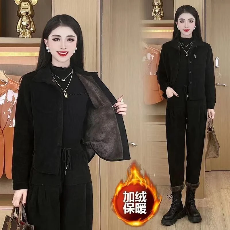 

Fashionable Thickened Corduroy Winter Warm Women's Set New Style Mom Clothes Anti-Aging Cardigan Outerwear Two-Piece Set