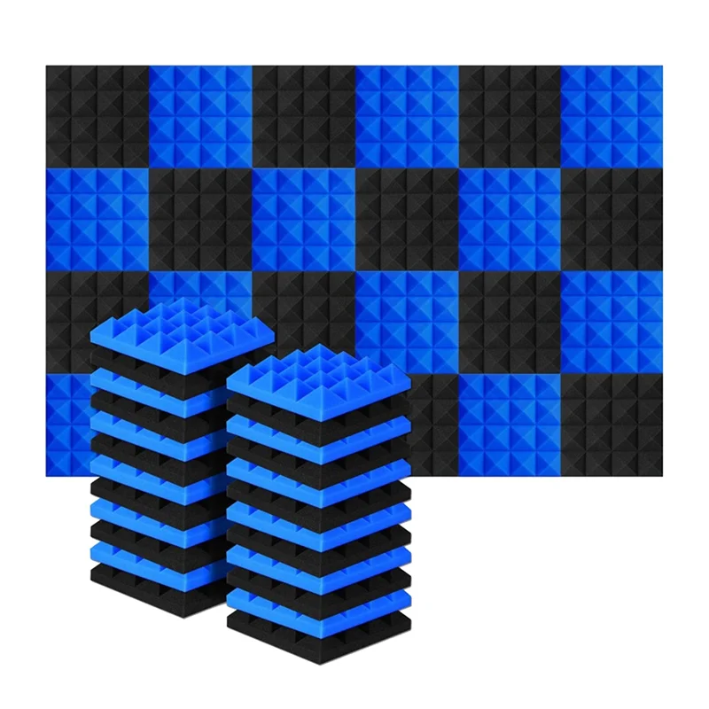 24Pcs 25X25X5Cm Studio Acoustic Soundproof Foam Pyramid Noise Insulation Sound Absorption Treatment Panels Black+Blue