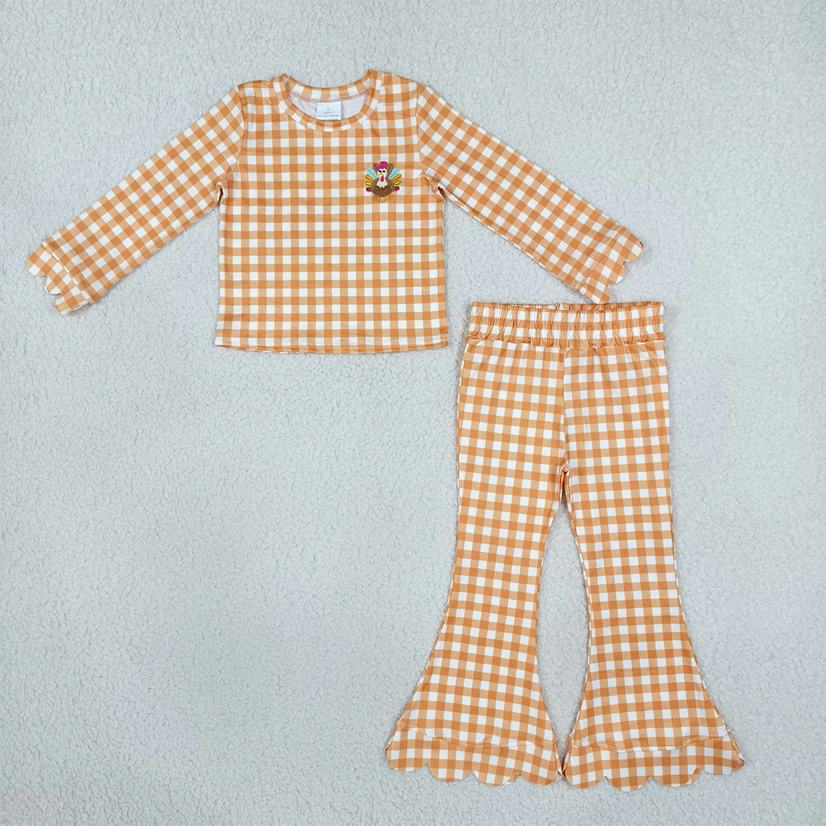 Baby Girl Thanksgivings Clothes Set Kids Embroidery Turkey Orange Checked Scallop Flare Pant Toddler Outfits Children Clothing