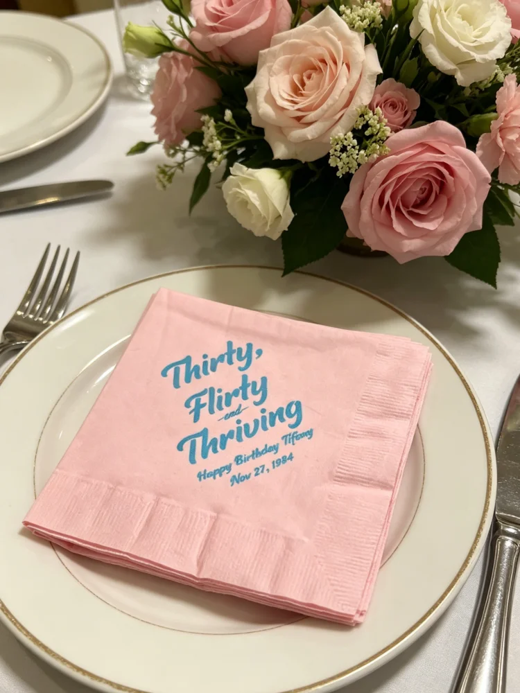 Serviettes de table personnalisées pour cocktail « Thirty Flirty Thriving », serviettes en papier jetables avec nom personnalisé, pour fête d'anniversaire 30 ans