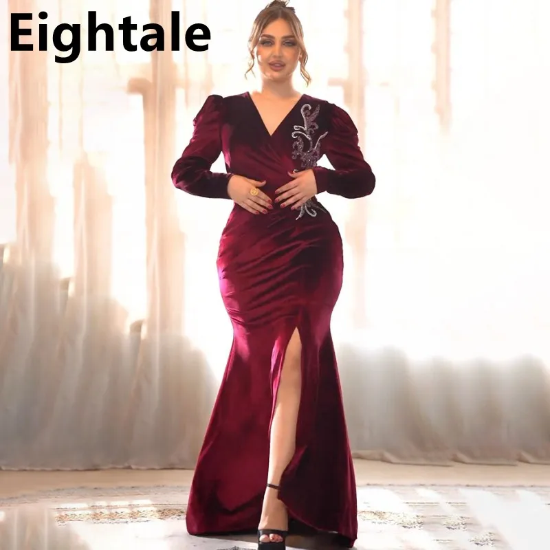 

Eightale 2024 Burgundy Velour Mermaid Evening Dress Beads Long Sleeve Prom Dress Women Formal Dubai Party Gown Robes De Soirée