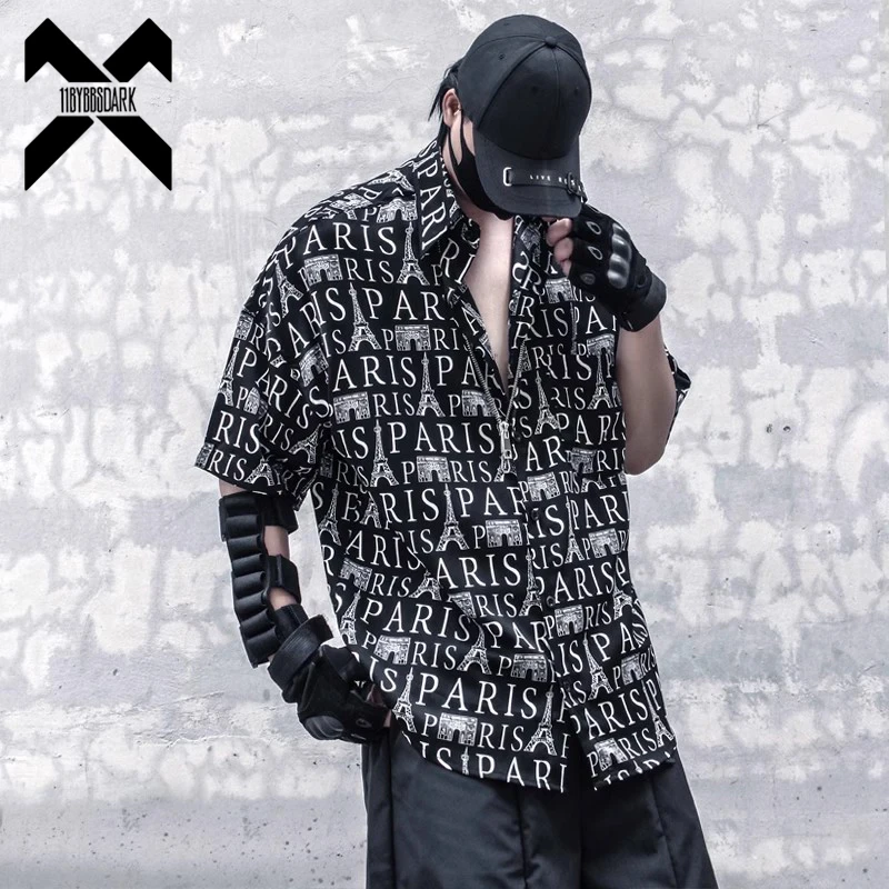 Letter Printed Men's Shirt 2023 Summer Short Sleeve Dark Shirts Coat Loose Harajuku Tops Black Techwear