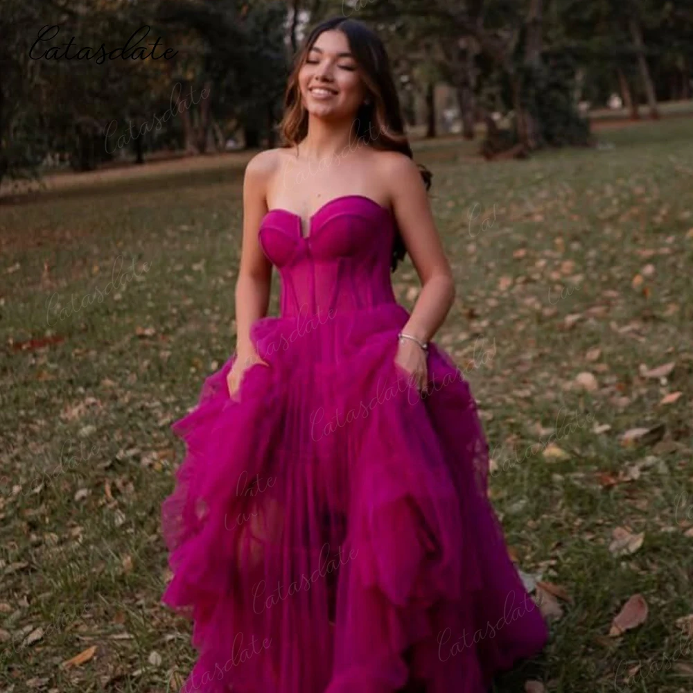 Catasdate 恋人イブニングドレス チュール A ライン パーティードレス 多層 プロムドレス フォーマルドレス カスタマイズ