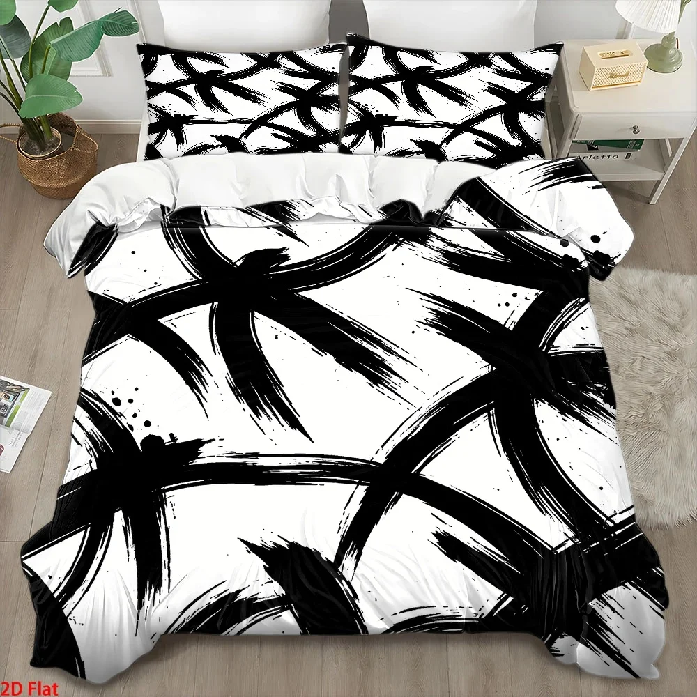 3Pc Abstract Art Brushstroke Pattern Duvet Cover Set, Three-Piece Bedding Set (1*Duvet Cover + 2*Pillowcases), Suitable for All Seasons, Machine Washable, Invisible Zipper Design, Large Double Bed Cover, Suitable for Home, Dorm, Master Bedroom, Guest Room, Trendy Black and White Graffiti Style Bedding Set, Comfortable and Skin-Friendly Bedroom Bedding Set, Hot-Selling Creative Printed Bedding Set 2D Flat Print