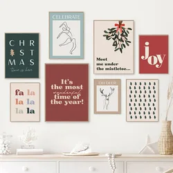 Celebrate Merry Christmas Tree Deer Holly Mistletoe Joy Wonderful Time Posters Prints Canvas Painting Wall Art Living Room Decor