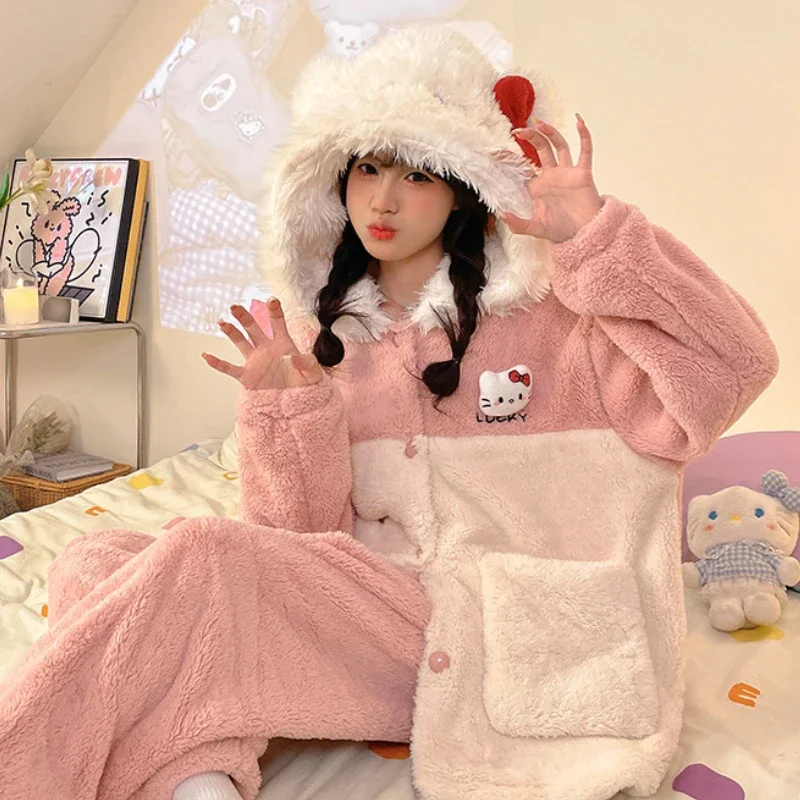 

Cute Sanrio Hello Kitty Anime Ladies Pajamas Fall Winter Warm Hooded Plush Nightgown Long Sleeve Pants Loose Casual Homewear Set