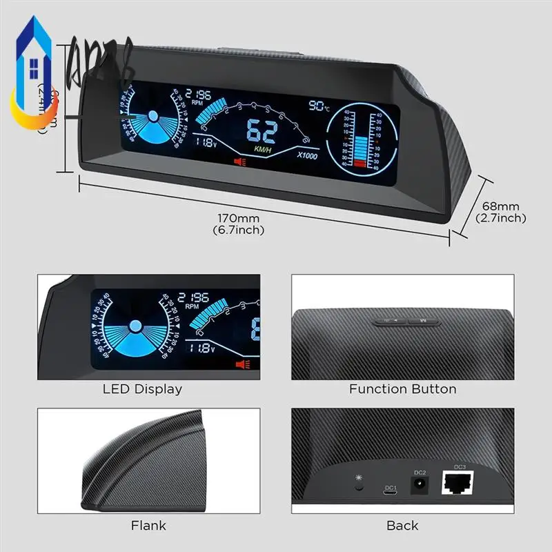 

AD78-X90 Head Up Display On-Board Computer Display OBD2 Car Speedometer OBD Gauge With Tilt Pitch Angle Protractor Display
