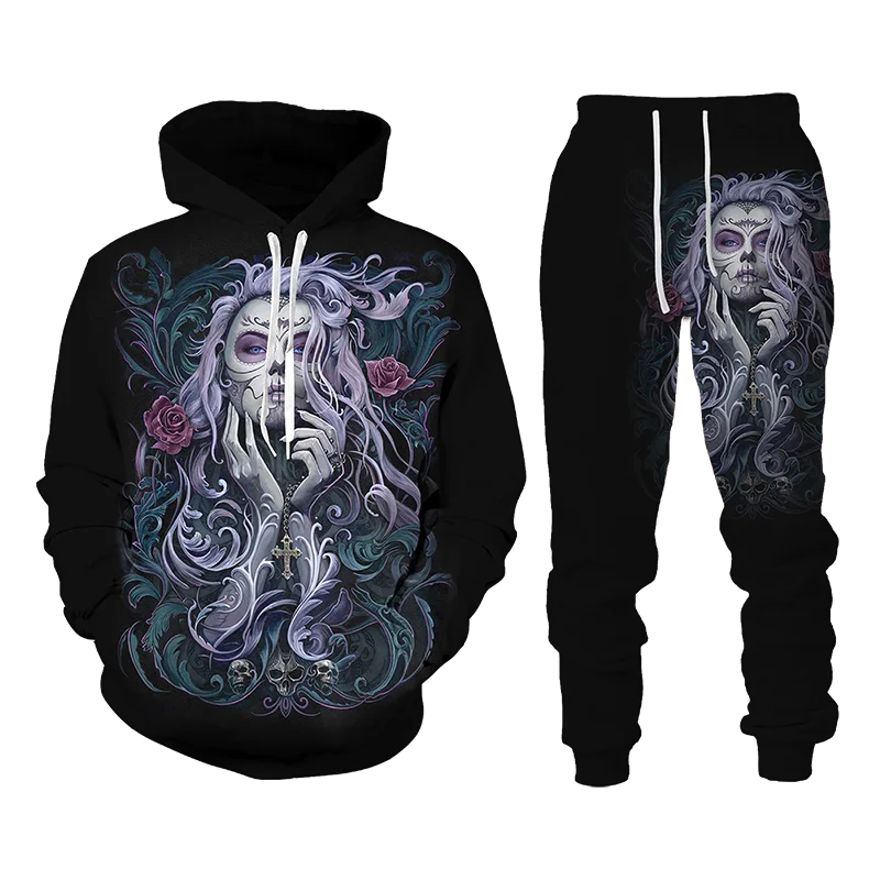 Skull 3D Print Hoodie Suit Vintage Goth Men Pullover Streetwear Casual Punk Fashion Two Piece Tracksuit Set Oversize Hot-selling