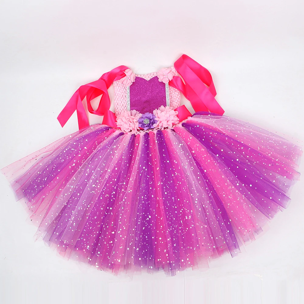 Sparkly Purple Pink Fairy Costume for Girls Flower Fairy Princess Dresses Kids Halloween Outfit Christmas Tutus with Wings Stick