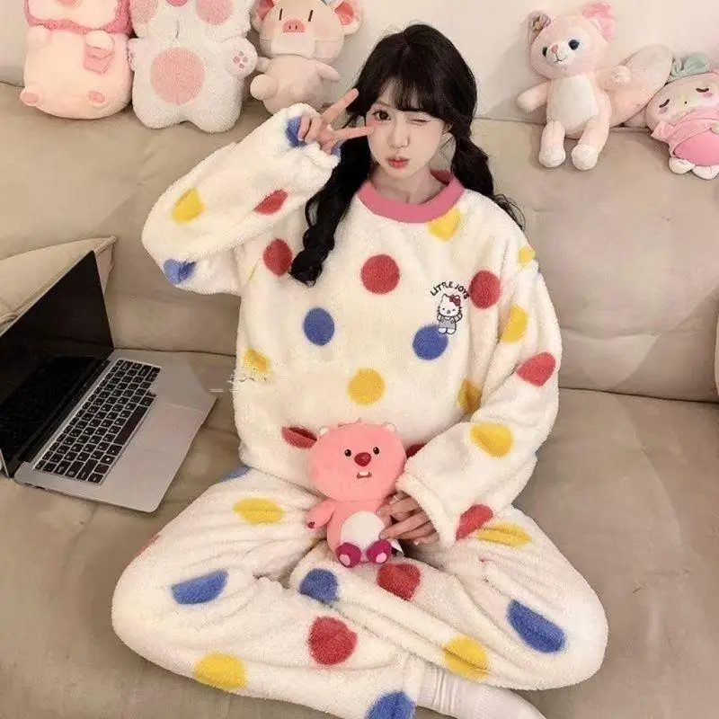 Hello Kittys Autumn/winter Warm Pajamas Women's Coral Velvet Home Clothes with Thick Velvet Set Women's Cartoon Cute Comfortable
