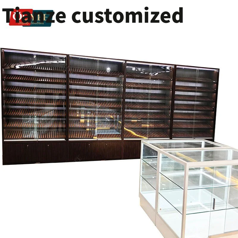 

Customized-shop design wooden hookah shelf display table showcase glass wall cabinet smoke shop accessories led retail display