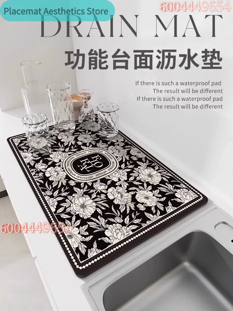 Floral Printed Dish Drying Mat Super Absorbent Coffee Drain Pad Tableware Draining Pad Quick Dry Rug Kitchen Dinnerware Placemat