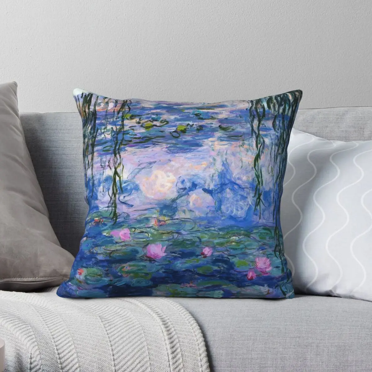 Claude Monet Water Lilies Pillowcase Polyester Linen Velvet Printed Zip Decor Sofa Cushion Cover