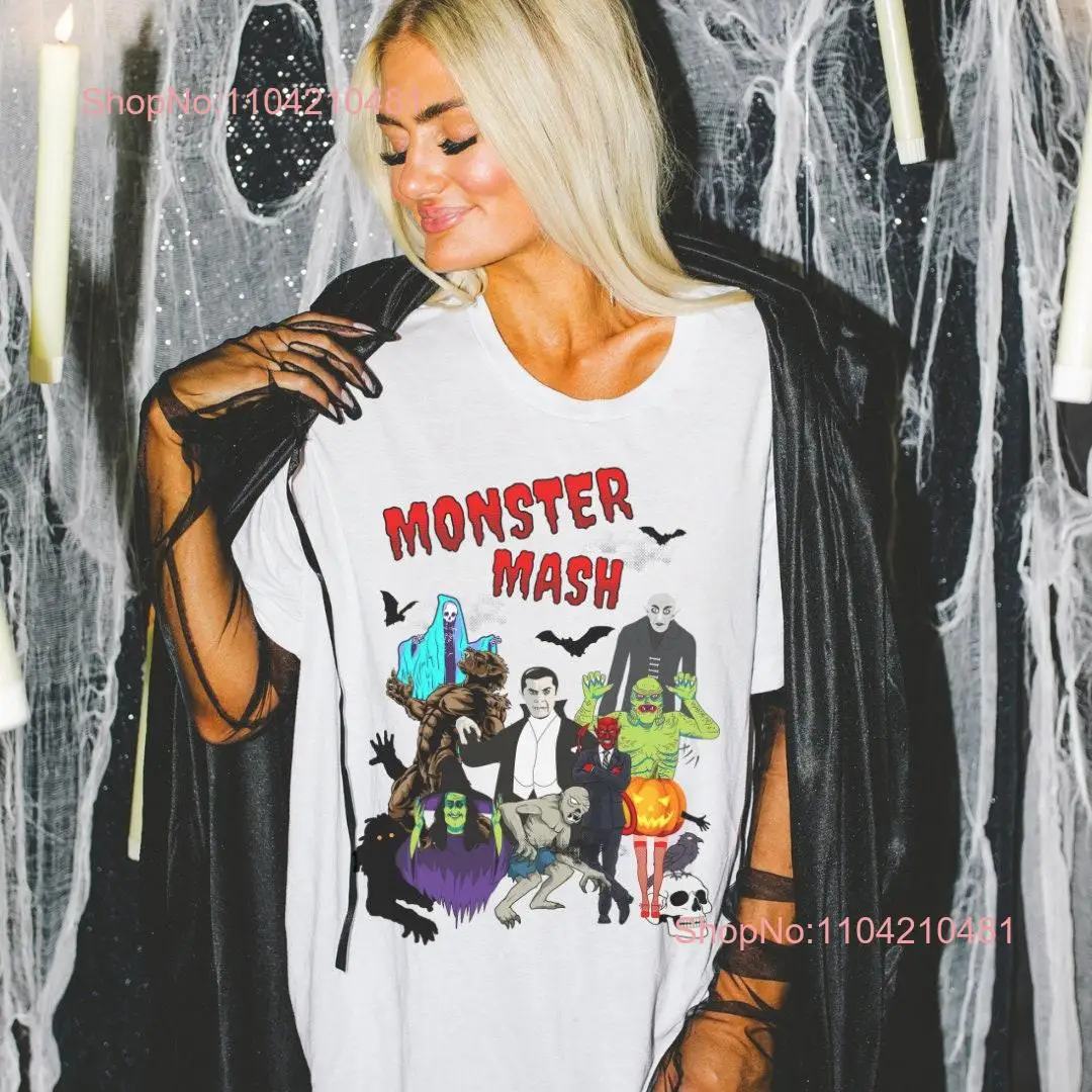 Monster Mash T Shirt Retro Halloween Party Squad Dracula Wolfman Swamp Thing Bats Jack O Lanterns Ghosts and Witches