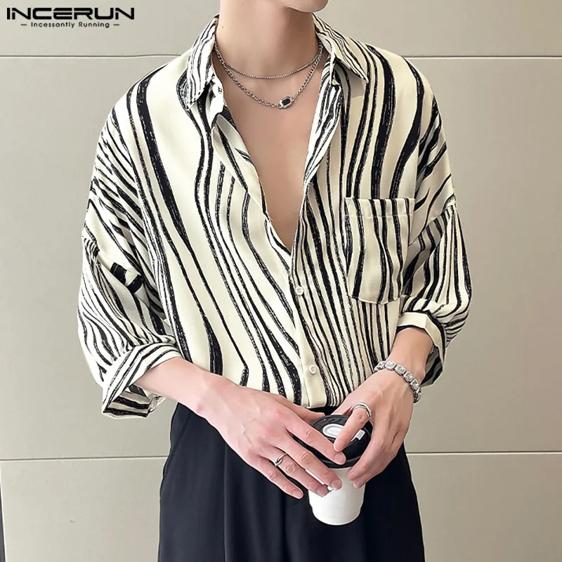 INCERUN-camisa con solapa estampada para hombre, ropa holgada de estilo coreano, informal, a la moda, para verano, 2024