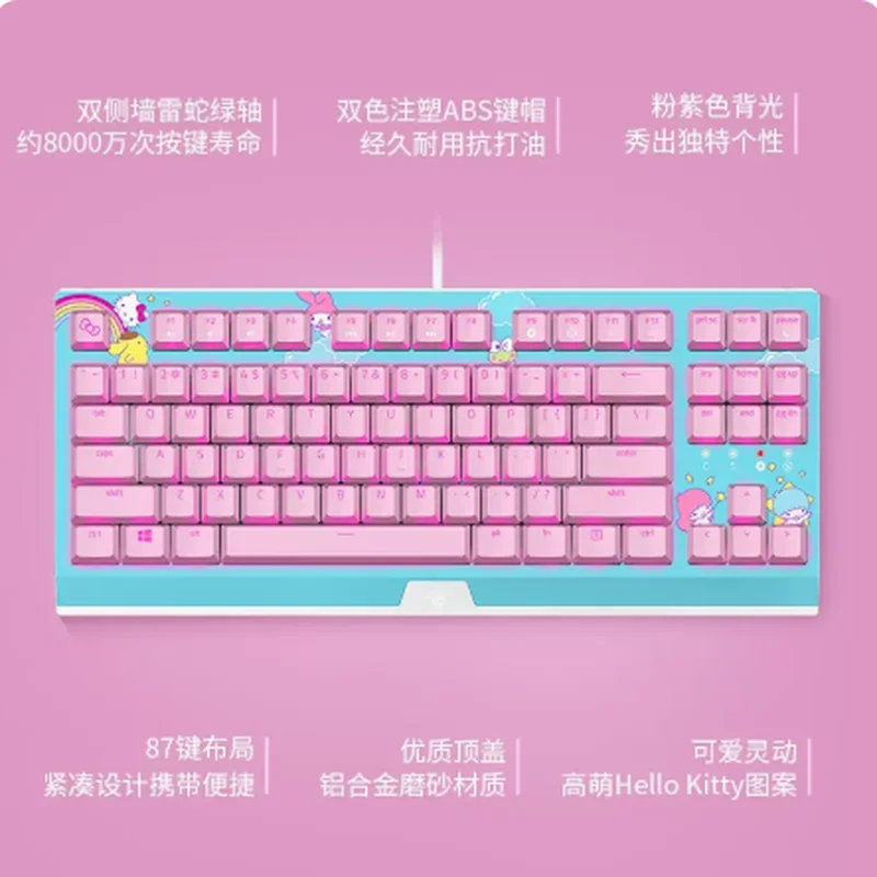 

87 Keys Sanrio Hello Kitty Blackwidow Mechanical Keyboard Set Rgb Backlight Anime Cartoon Gaming Keyboard For Gaming Game