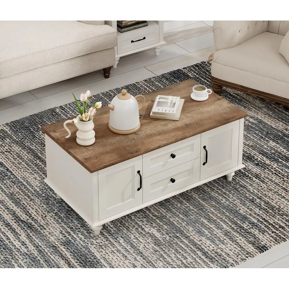 

Cozy Rustic Wooden Coffee Table with Drawers and Storage for Living Room