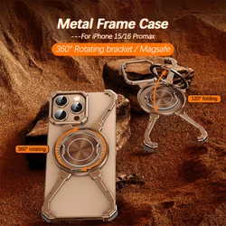 Metal Frame Magnetic Magsafe Phone Case For iPhone 15 16 Pro Max 360° Rotating Bracket Aluminum Alloy Frameless Shockproof Cover